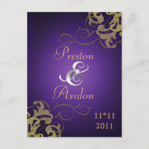 Noble Gold Scroll Purple Save The Date Postcard
