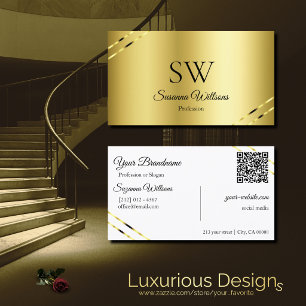 Noble Gold with Shimmery Lines Monogram QR Code Business Card