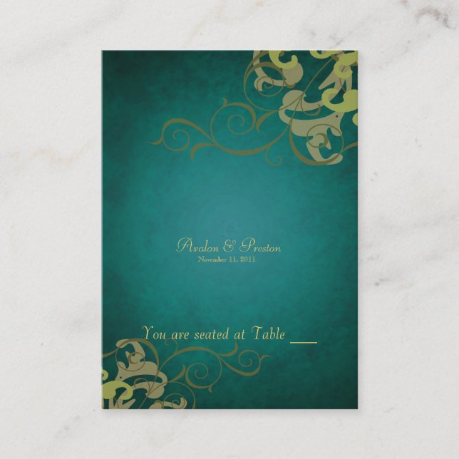 Noble Green & Gold Scroll Table Placecard (Front)