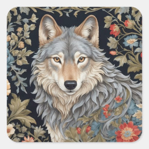 Noble Grey Wolf William Morris Inspired Square Sticker