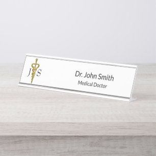 Noble Medical Elegant Classy Gold Silver Asclepius Desk Name Plate