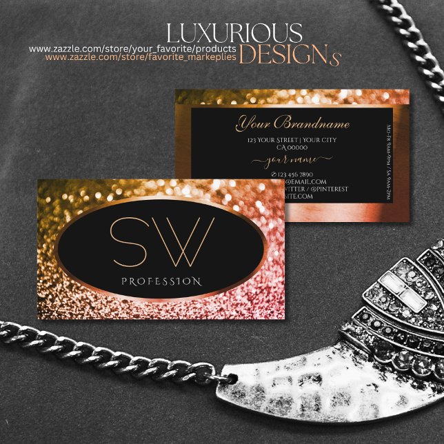 Noble Orange Pink Ombre Glitter Black and Monogram Business Card (Creator Uploaded)