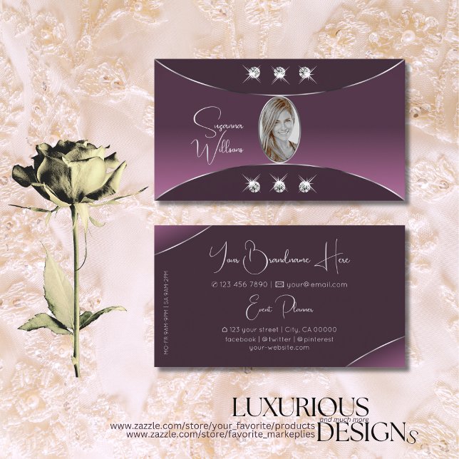 Noble Purple with Silver Decor Diamonds and Photo Business Card (Creator Uploaded)