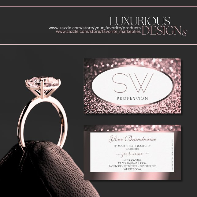 Noble Rose Pink and White Sparkle Glitter Monogram Business Card (Creator Uploaded)