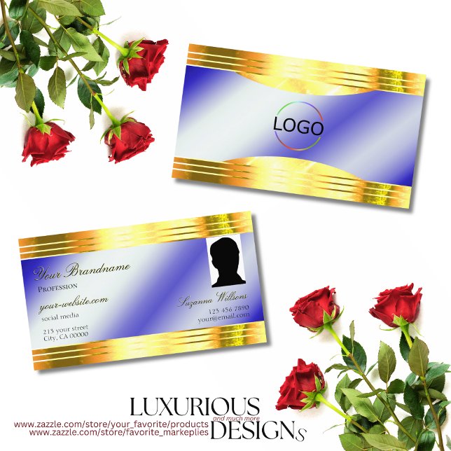 Noble Royal Blue Shiny Gold Borders Logo and Photo Business Card (Creator Uploaded)