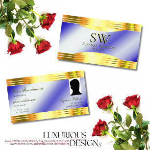 Noble Royal Blue Shiny Gold Borders Monogram Photo Business Card