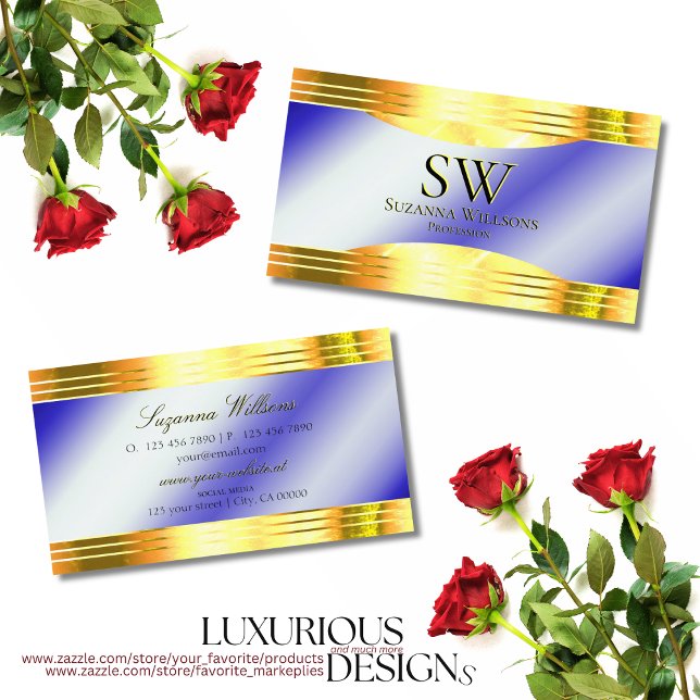 Noble Royal Blue Shiny Gold Borders with Monogram Business Card (Creator Uploaded)