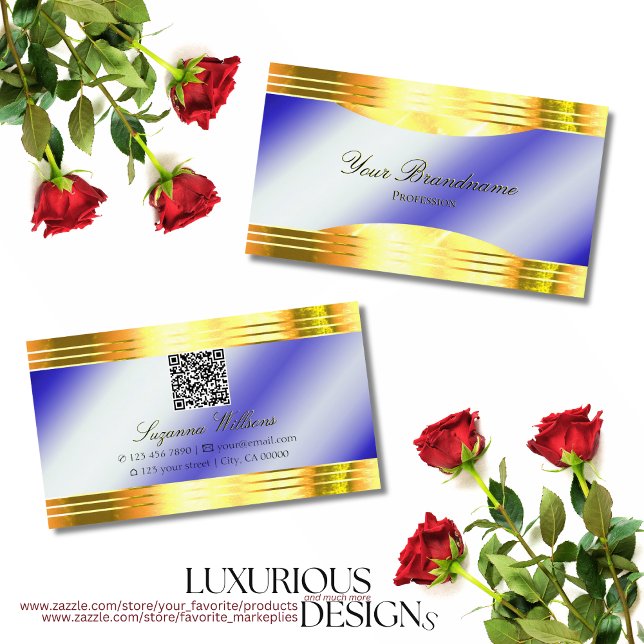 Noble Royal Blue Shiny Gold Borders with QR Code Business Card (Creator Uploaded)