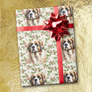 Noble Saint Bernard Dog Christmas Holly Wrapping Paper
