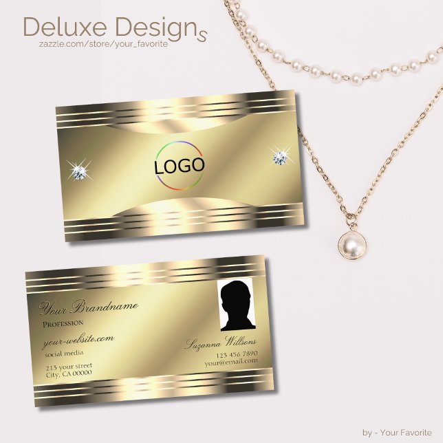 Noble Shimmery Gold Shiny Diamonds Logo and Photo Business Card (Creator Uploaded)