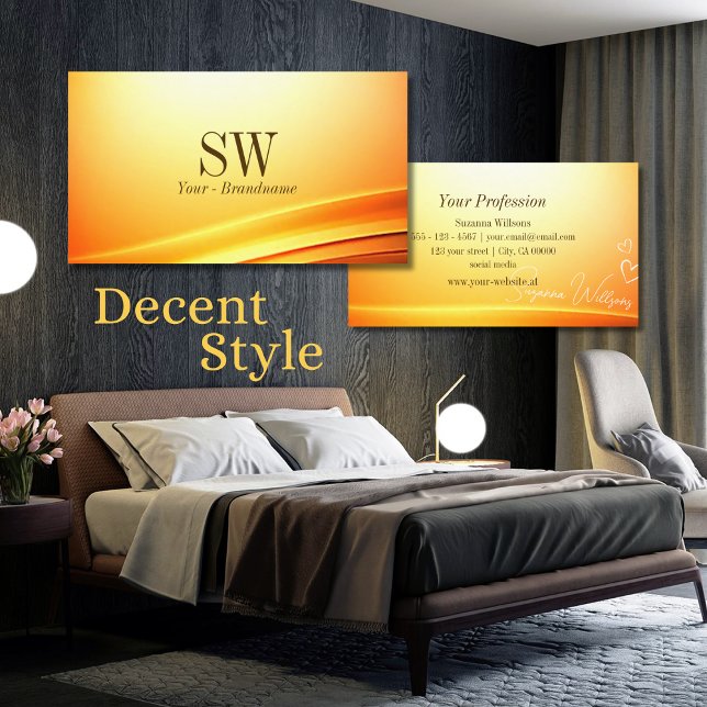 Noble Shimmery Orange Curved Decor with Monogram Business Card (Creator Uploaded)