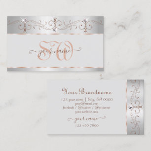 Noble Silver Rose Ornate Sparkle Diamonds Monogram Business Card