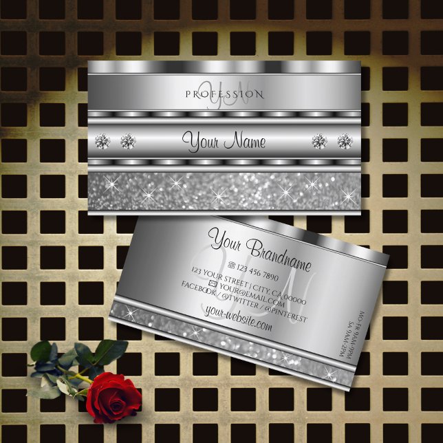 Noble Silver Sparkling Glitter Monogram Diamonds Business Card (Creator Uploaded)