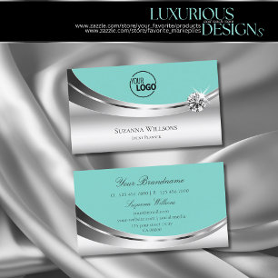 Noble Silver Teal with Logo and Sparkling Diamond Business Card