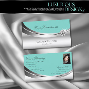 Noble Silver Teal with Photo and Sparkling Diamond Business Card