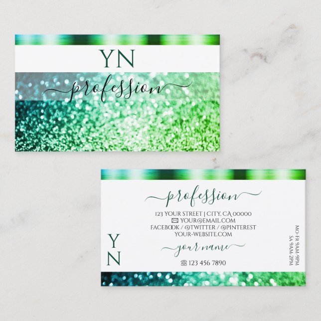 Noble White Teal Green Sparkling Glitter Monogram Business Card (Front/Back)