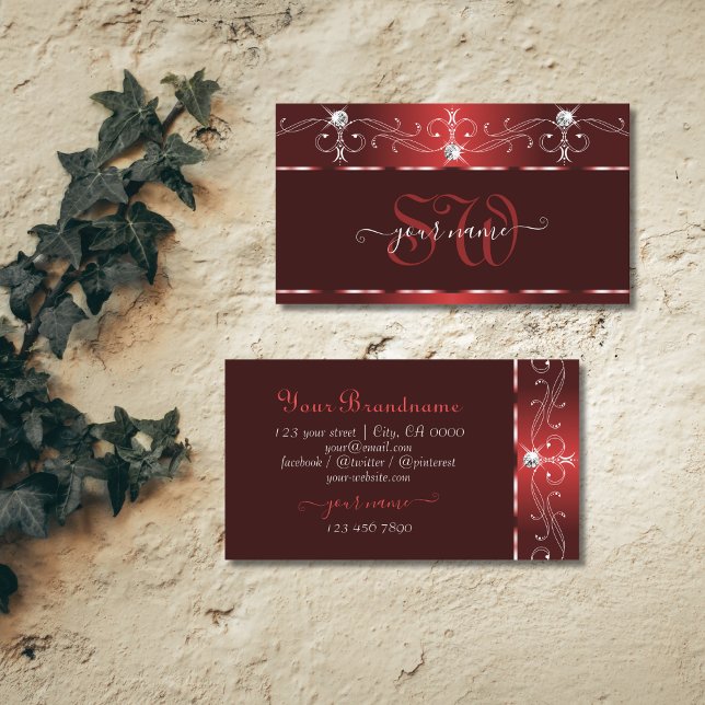 Noble Wine Red Squiggles Sparkle Diamonds Monogram Business Card (Creator Uploaded)
