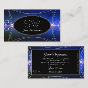 Nobly Black Blue Ornate Sparkle Diamonds Monogram Business Card