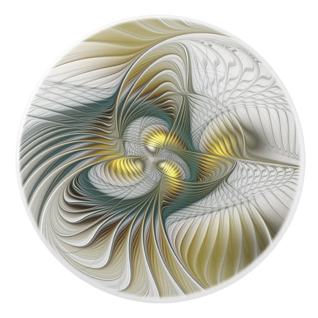 Nobly Golden Teal Abstract Fantasy Fractal Art Ceramic Knob (Front)