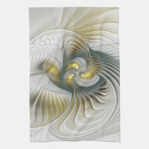 Nobly Golden Teal Abstract Fantasy Fractal Art Tea Towel