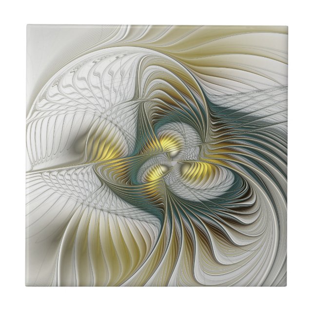Nobly Golden Teal Abstract Fantasy Fractal Art Tile (Front)