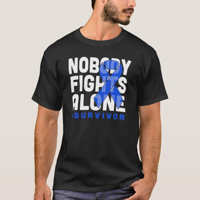 Nobody Fights Alone Dark Blue Ribbon Colon Cancer  T-Shirt (Front)