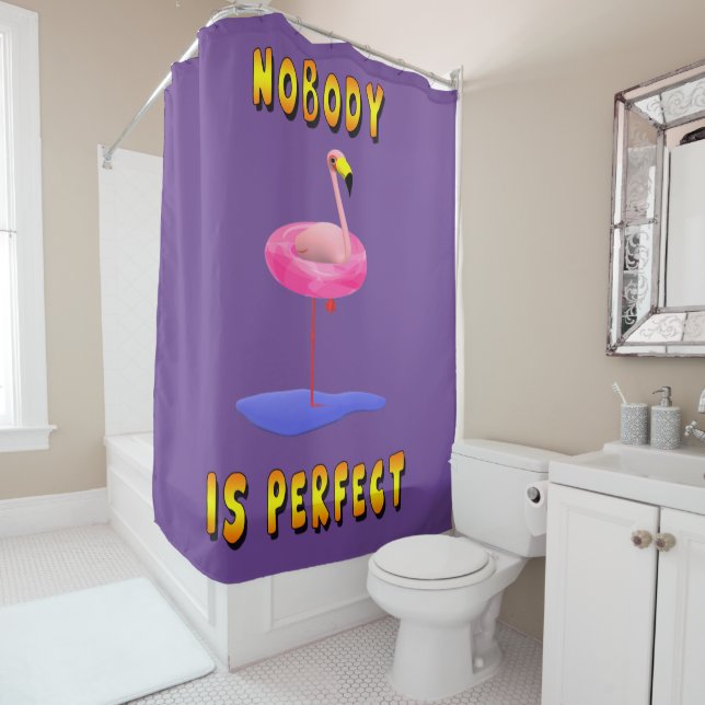 Nobody Is Perfect Flamingo Shower Curtain (In Situ)