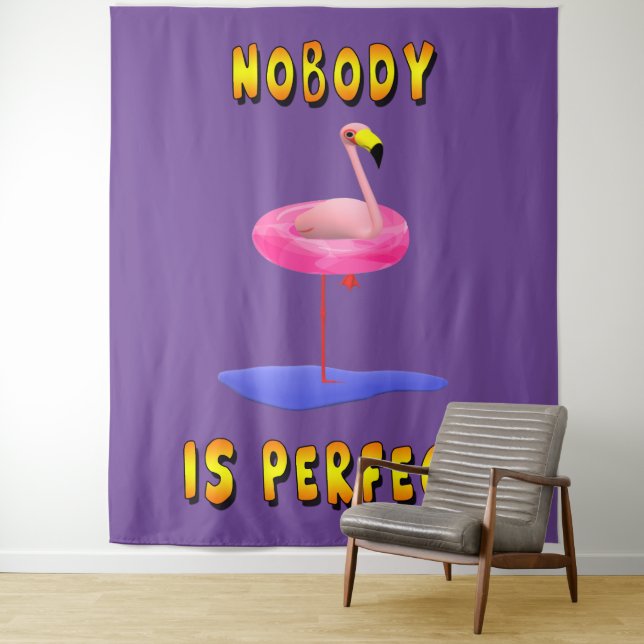 Nobody is perfect - flamingo with swimming ring tapestry (In Situ)