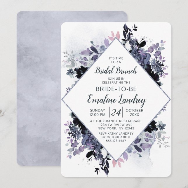 Nocturnal Floral Chic Diamond Bridal Brunch Shower Invitation (Front/Back)