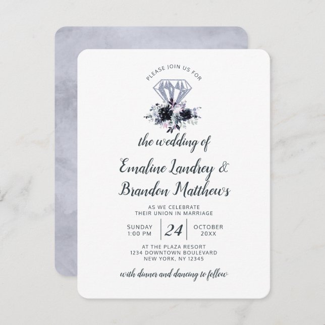 Nocturnal Floral Diamond Dusty Blue Wedding Invitation (Front/Back)