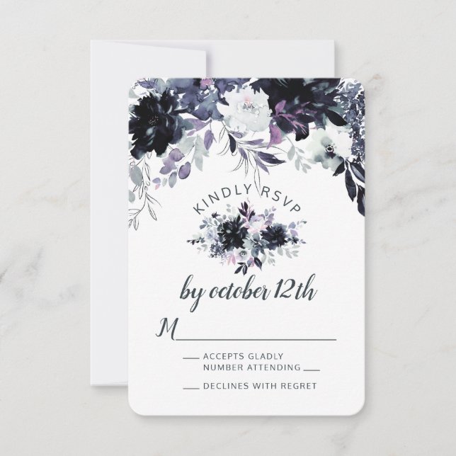 Nocturnal Floral Dusty Blue Wedding RSVP Reply (Front)