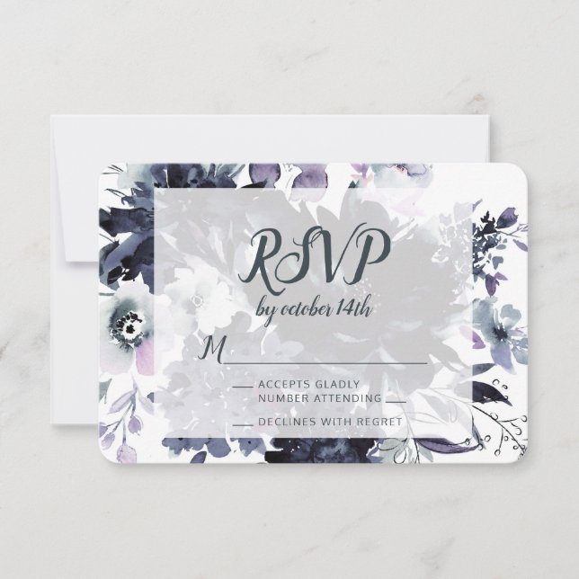 Nocturnal Floral Dusty Blue Wedding RSVP Response (Front)