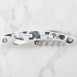 Nocturnal Floral Navy Blue Wedding Monogram Corkscrew
