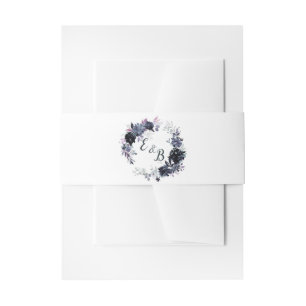 Nocturnal Floral Navy Blue Wreath Wedding Monogram Invitation Belly Band