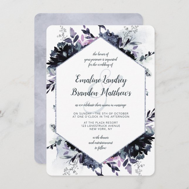 Nocturnal Floral Navy Dusty Blue Hexagon Wedding Invitation (Front/Back)
