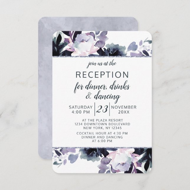 Nocturnal Floral Silver Frame Wedding Reception Invitation (Front/Back)