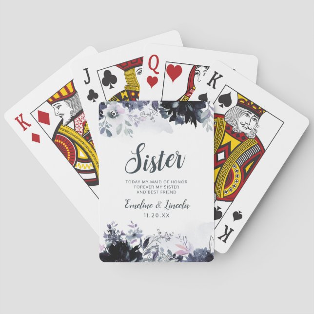 Nocturnal Floral Sister Maid of Honour Personalise Playing Cards (Back)