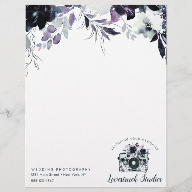 Nocturnal Floral Watercolor Navy Custom logo Letterhead (Front)