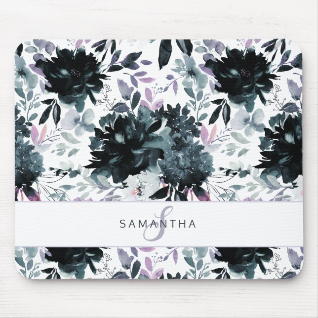 Nocturnal Floral Watercolor Navy Custom Monogram Mouse Pad (Front)