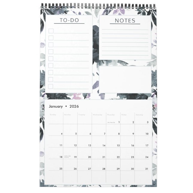 Nocturnal Floral Watercolor Yearly Monthly Planner Calendar (Jan 2026)