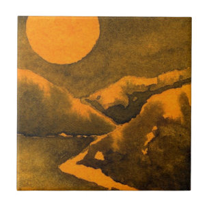 Nocturnal full hunter's moon on mountains and lake tile