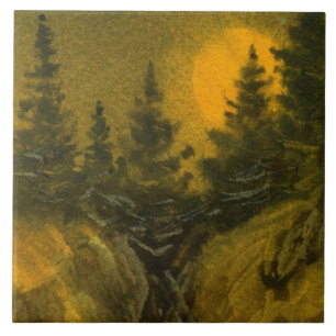 Nocturnal full moon on pines on mountain rocks tile