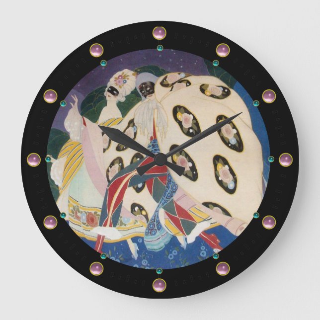 NOCTURNE WITH MASKS / Art Deco Venetian Masquerade Large Clock (Front)
