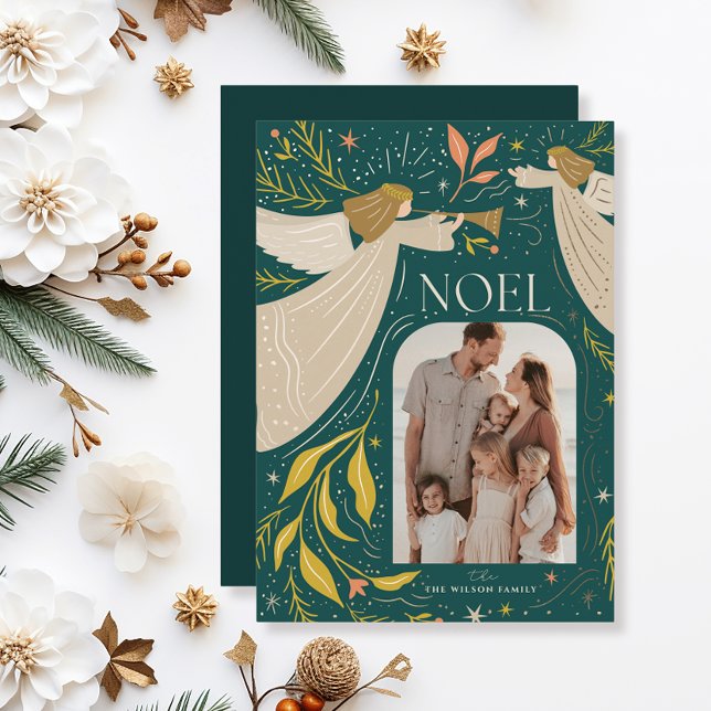 NOEL Angels Teal 2 Photo Christmas Holiday Card (Creator Uploaded)