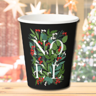 NOEL Berries Greenery Black Christmas Paper Cups