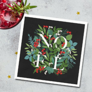 NOEL Berries Greenery on Black Christmas Napkin