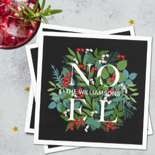NOEL Berries Greenery Personalised Black Christmas Napkin