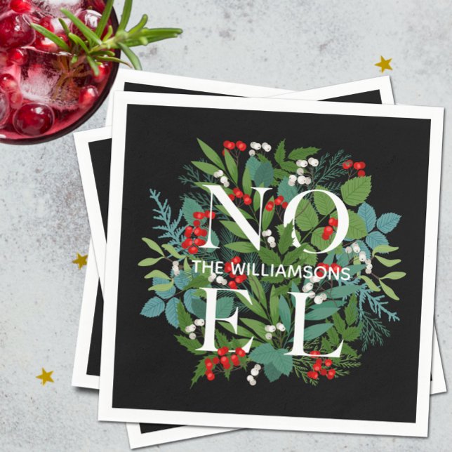 NOEL Berries Greenery Personalised Black Christmas Napkin (Creator Uploaded)