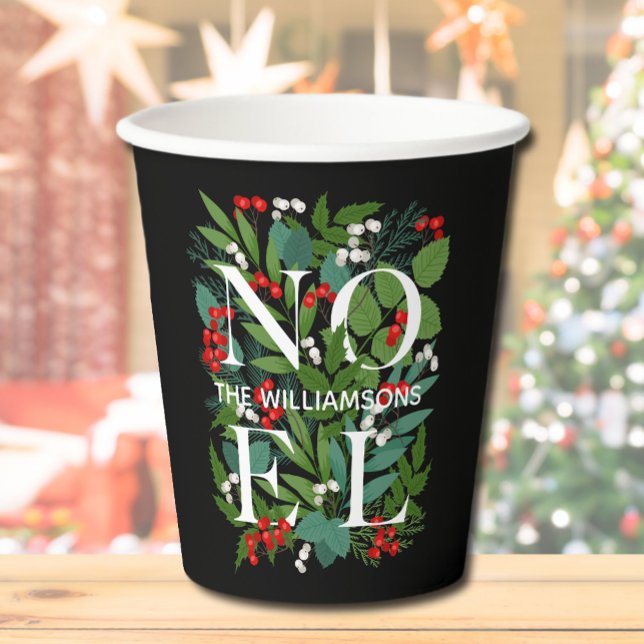 NOEL Berries Greenery Personalised Black Paper Cups (Creator Uploaded)