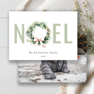 Noel Blush Green Christmas Wreath Photo Holiday Card